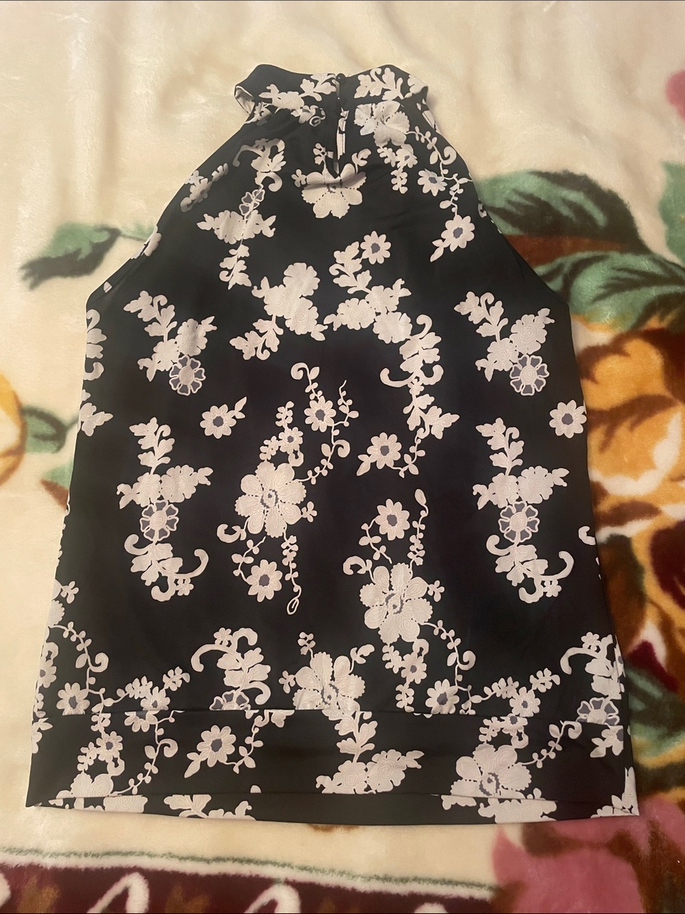 Sleeveless Black Halter Top with White Floral Print Size Medium